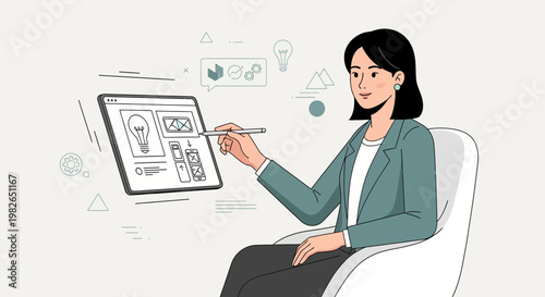 Woman designer working on tablet, UI UX design, wireframing, creative process, digital art