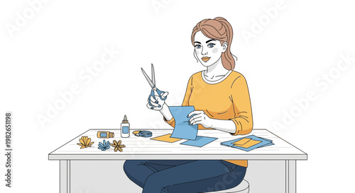 Woman doing arts and crafts, cutting paper with scissors at a table