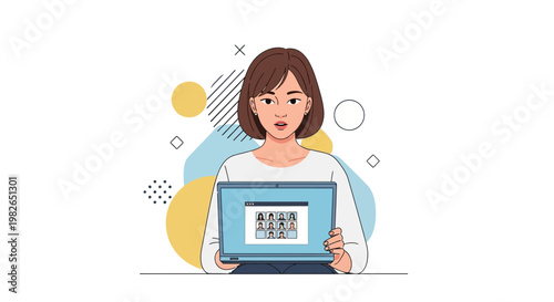 Woman holding laptop with video conference call, remote work, online meeting, communication concept