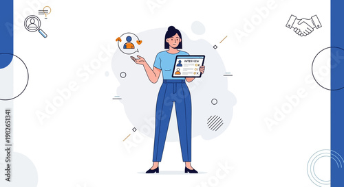 Woman Holding Tablet with Profile, Recruitment, HR, Job Search, Team Building