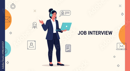 Woman in Headphones with Laptop, Job Interview Concept, Online Recruitment