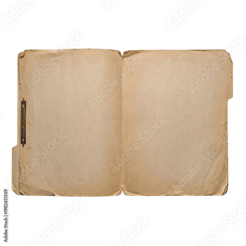 Photos Old open manila folder, metal clasp visible, showing two empty aged paper pages, isolated on transparent background