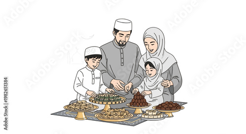 A happy Muslim family of four, including a mother in hijab and father in kufi, is gathered around a table selecting sweets from multiple platters against a stark white background