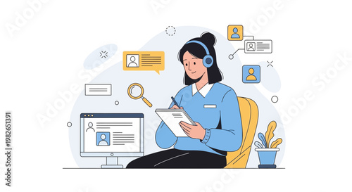 Woman in headphones working at desk with computer and magnifying glass, HR concept