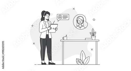 Woman in headset on video call, taking notes on tablet, remote work concept