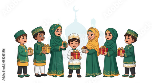 A group of Muslim children in traditional clothing are exchanging gifts against a white background with a mosque silhouette, depicted in a colorful cartoon style with bright lighting