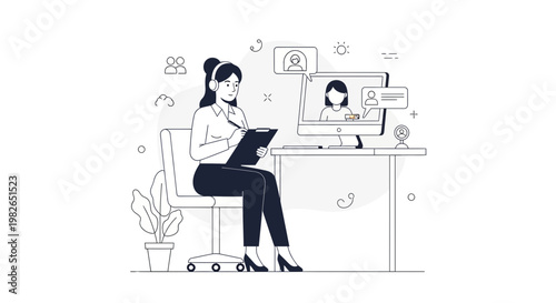 Woman on video call, taking notes, working from home, online meeting, remote work