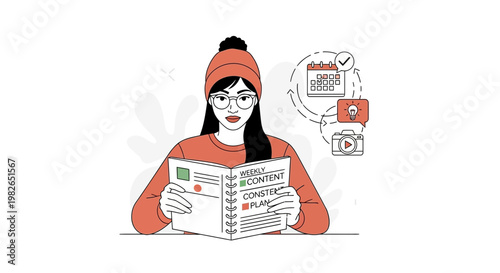 Woman planning content strategy with calendar and camera icons, digital marketing concept