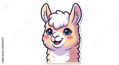 Adorable Cartoon Llama Head Illustration with Big Blue Eyes and a Friendly Smile - Charming Animal Character Design