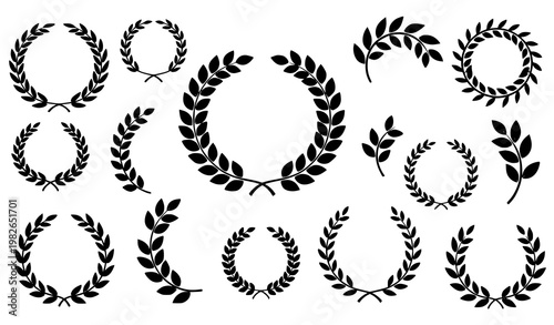 Assorted black laurel wreath vector set with victory and award symbols in dynamic layout isolated on white background