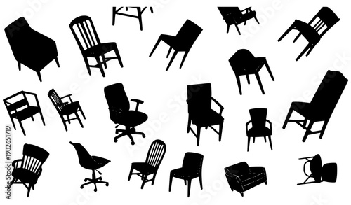Assorted chair silhouettes vector set with various furniture designs in dynamic layout isolated on white background