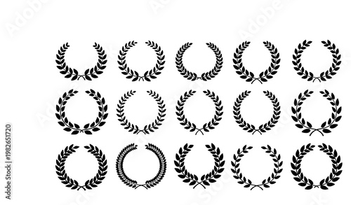 Black laurel wreath vector set with classic award and victory symbols isolated on white background for logo and badge design