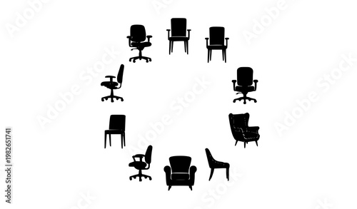 Black chair silhouettes vector collection in circular layout with modern furniture types isolated on white background
