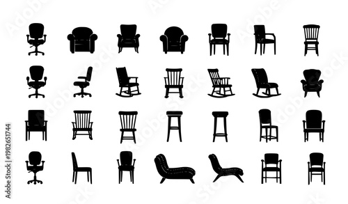 Chair silhouette collection vector set with various furniture types in black isolated on white background for design and infographic use