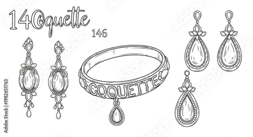 Vintage Jewelry Set Drawing - Earrings and Bracelet.