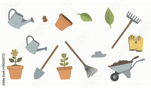 Hand drawn gardening icons vector set with tools and plants in playful style isolated on white background