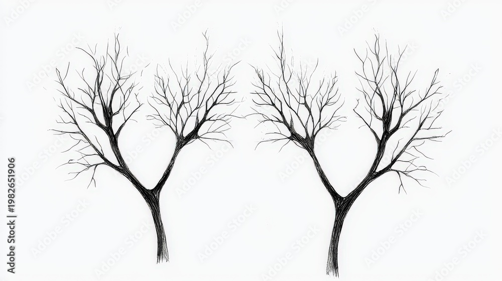 Obraz premium Artistic Representation of Two Leafless Trees with Intricate Branch Patterns on a White Background