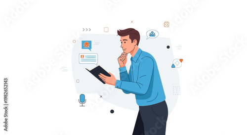Man Reading Book with Thought Bubbles and Icons, Business Concept
