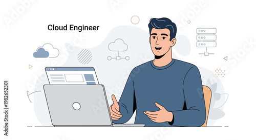 Cloud Engineer working on laptop with cloud computing and server icons