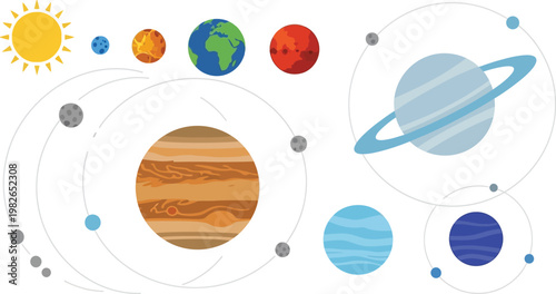 Stylized solar system illustration showing the sun and planets with orbital paths on a clean white canvas.