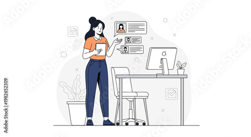 Recruiter reviews candidate profiles on computer screen, hiring process concept