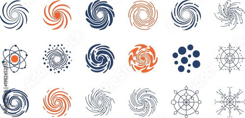 Collection of abstract swirling vortex and atomic orbit icons in various color schemes and styles presented on a white background.