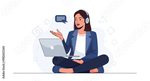 Woman with headphones and laptop, online communication, remote work, digital nomad lifestyle