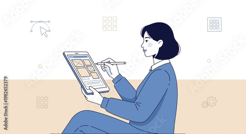 Woman designer using tablet for web design, UI UX, graphic design, digital art