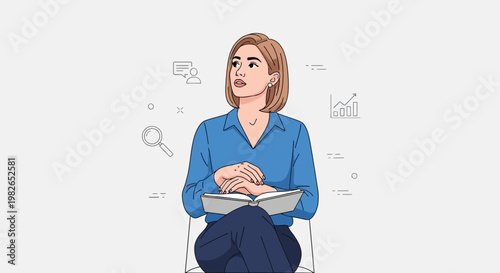 Thoughtful woman with book, contemplating business ideas, research, and growth