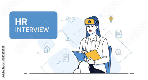 HR Interview in VR: Woman in VR headset conducts virtual job interview with notes