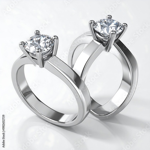 Two elegant diamond solitaire rings on white background