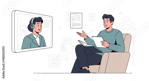 Online job interview via video call, man in armchair with tablet and documents