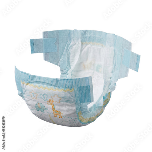 Obraz na płótnie Clean, unused baby diaper in a partially folded position, featuring cute animal patterns and blue accents