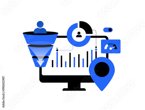 Customer segmentation with marketing funnel and user data analytics for targeting. Customer segmentation with audience insights, performance metrics for digital marketing strategy vector illustration
