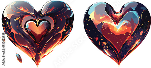 3D illustration of a heart symbol sculpted from a viscous mass of liquid glass