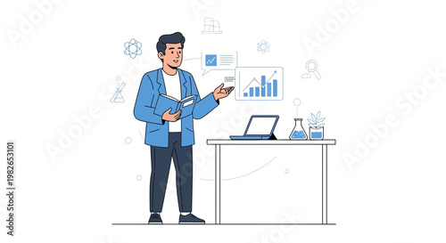 Man presenting data and science concepts with book and laptop