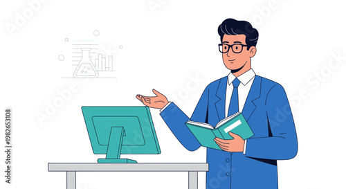 Male scientist or teacher presenting with book and computer, science illustration