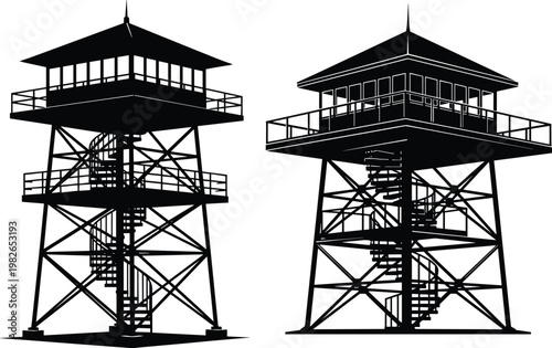 Silhouette fire lookout towers with spiral staircases and crisscross beams, isolated black vector illustration of forest observation cabins for architecture design