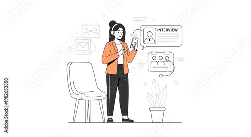 Woman with headphones on video interview call, waiting for job interview