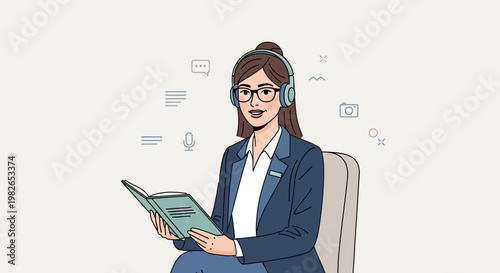 Woman with headphones reading a book, online learning, digital communication concept