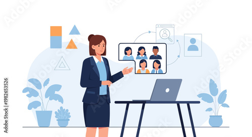 Woman presenting online meeting with video conference participants on laptop screen