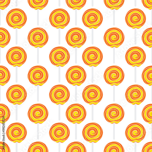Seamless background with orange lollipops and checkered transparent background.