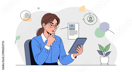 Woman reviewing resume on tablet, HR, recruitment, hiring process, job search, office concept