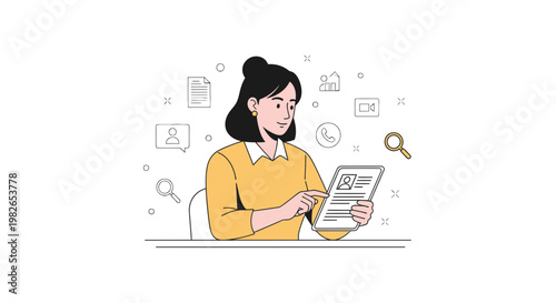 Woman reviewing resume on tablet, job search, hiring, recruitment, online application