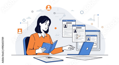 Woman reviewing resumes on laptop and book, recruitment and HR concept