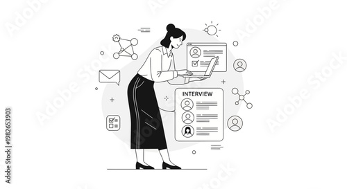 Woman using laptop for online interview process, recruitment, HR, job search, and candidate selection