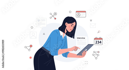 Woman using tablet for job interview preparation, online recruitment, career development