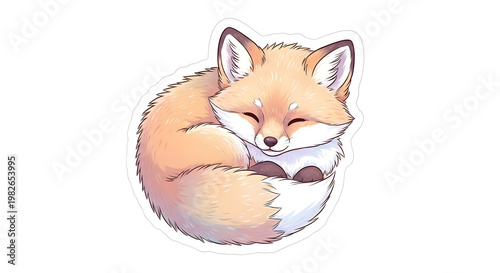 Charming red fox illustration peacefully curled up in a serene slumber, exuding adorable woodland animal cuteness