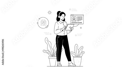 Woman with headphones analyzing interview score on tablet, recruitment process concept