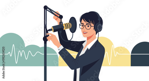 Woman with headphones adjusting microphone for podcast or broadcast